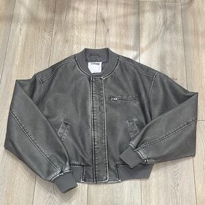 Garage Faux Leather Charcoal Bomber Jacket